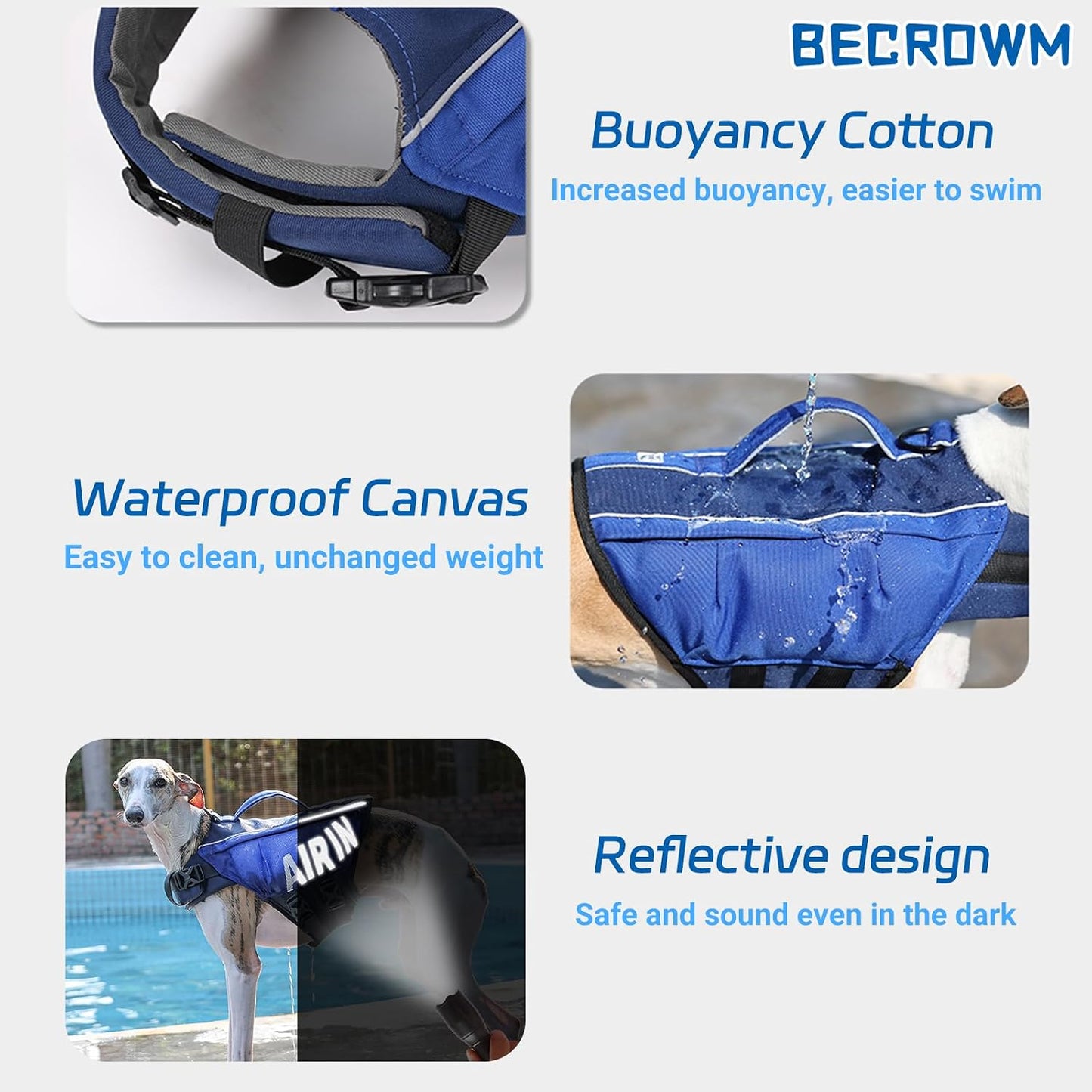 BECROWM medium dog life jacket back view showcasing durable quick-grab rescue handle.