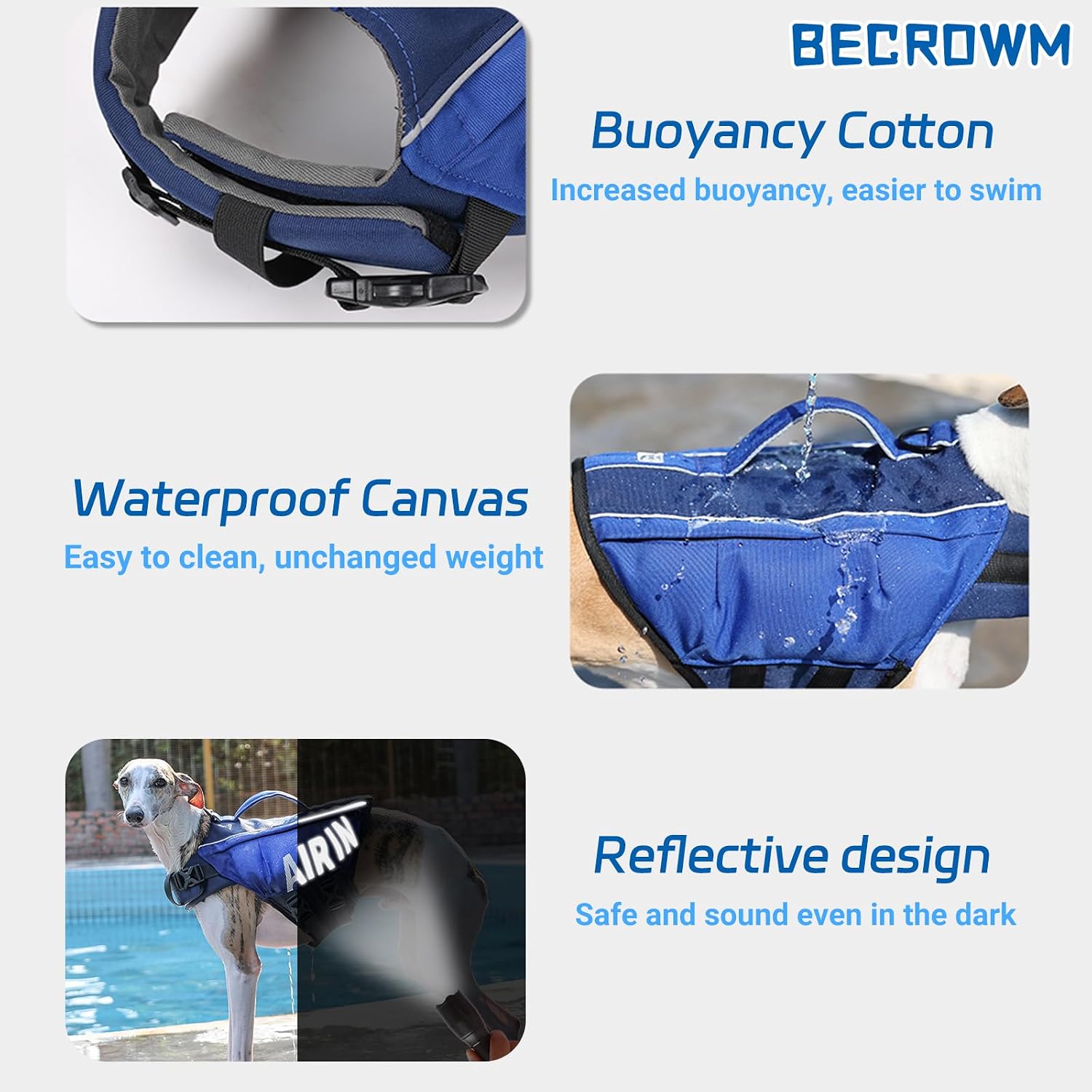 BECROWM medium dog life jacket back view showcasing durable quick-grab rescue handle.