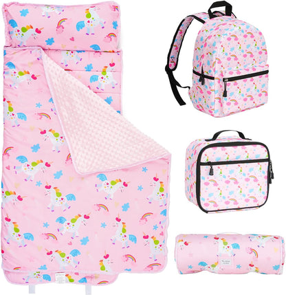 Kulahlik toddler nap mat set front view showcasing dark pink unicorn print sleeping bag backpack and lunchbox