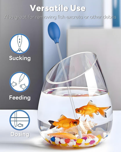 Acrylic aquarium feeding syringe with blue rubber bulb for reef tank maintenance