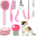 VCZONE Eight Piece Cat Grooming Kit in pink showing the full set front view for premium pet care.