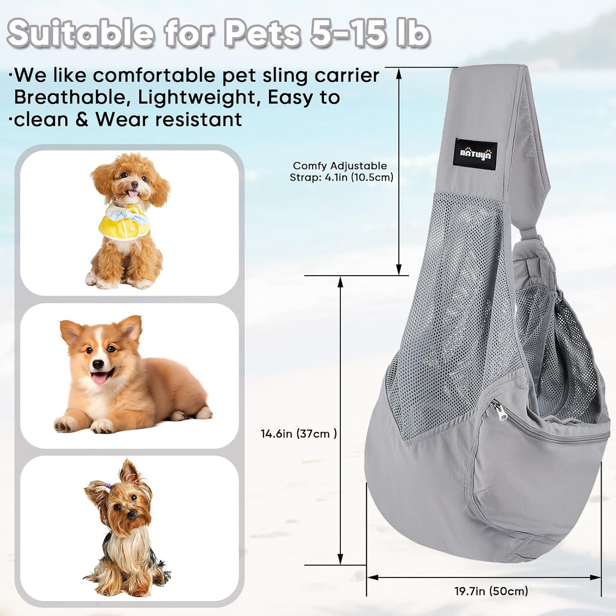 Natuya pet carrier showing adjustable strap detail