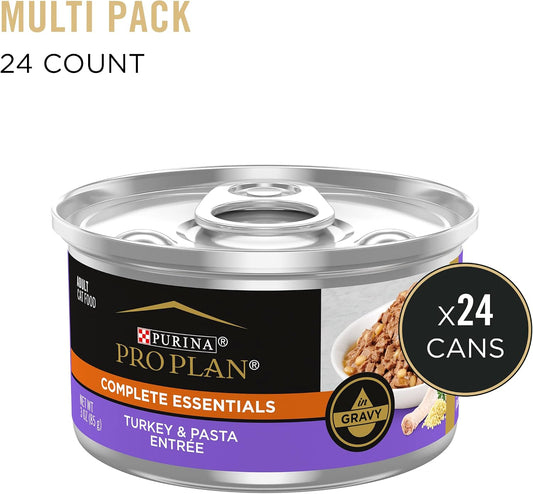 Purina Pro Plan high protein wet cat food packaging showing twenty four pull top cans