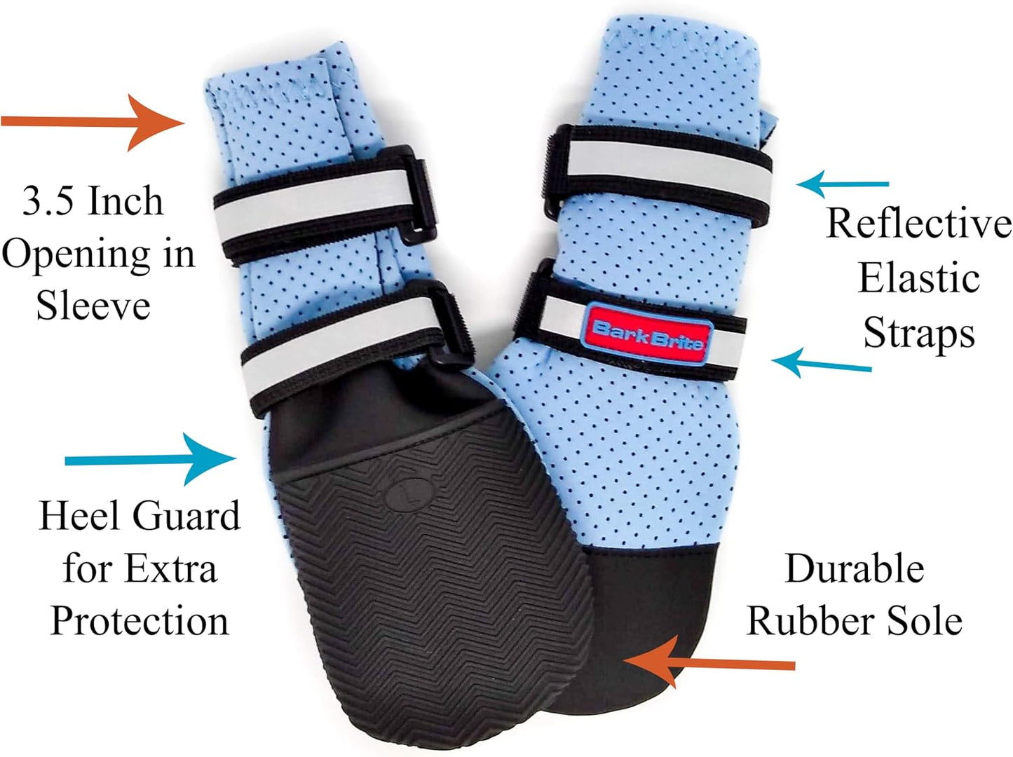 Large dog wearing blue neoprene boots on outdoor walk