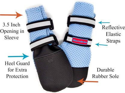 Large dog wearing blue neoprene boots on outdoor walk