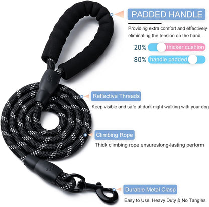 Black reflective dog leash with soft padded handle close up