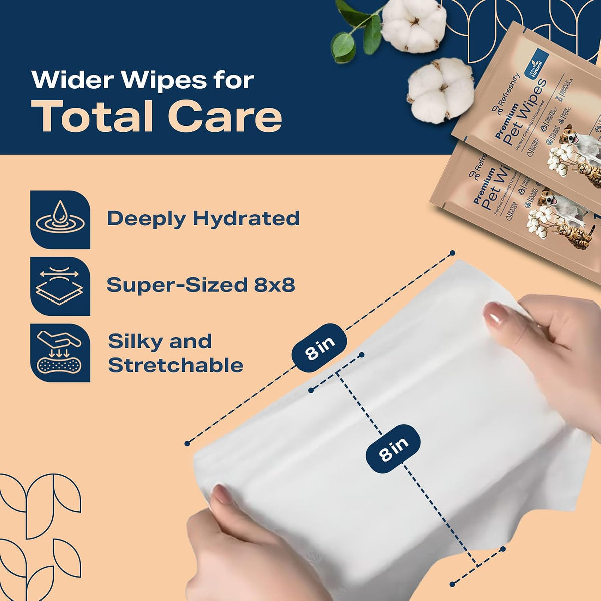 Large daily use pet cleaning wipes showing individual travel packs.
