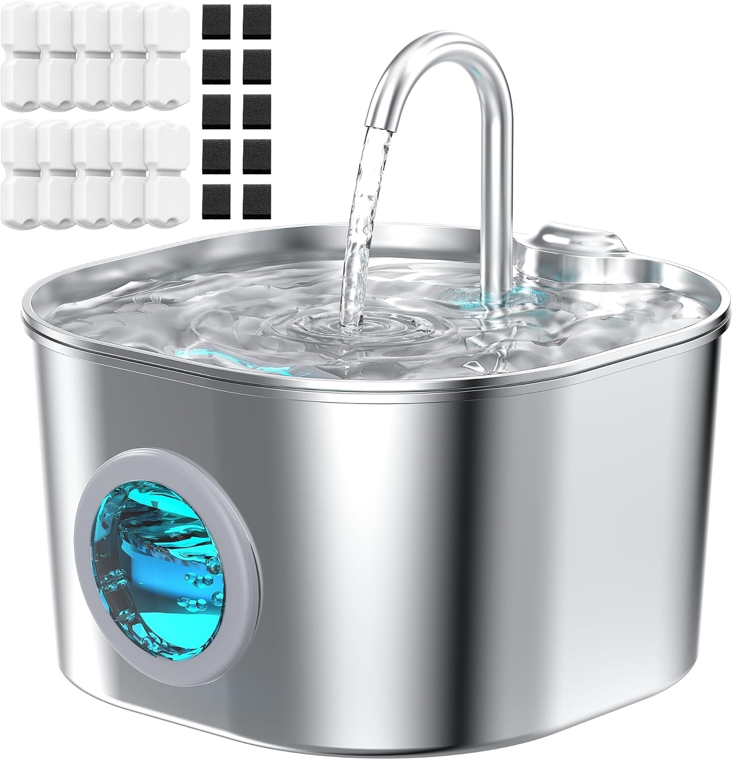 Cat Water Fountain with 8 Filters + 5 Sponges,Small Pet Waterer Dispenser Fountains for Drinking Cats Indoor Metal Automatic Waterer Bowl 24/7 Running Auto Kitty Watering Supplies Quiet Pump - Image 10