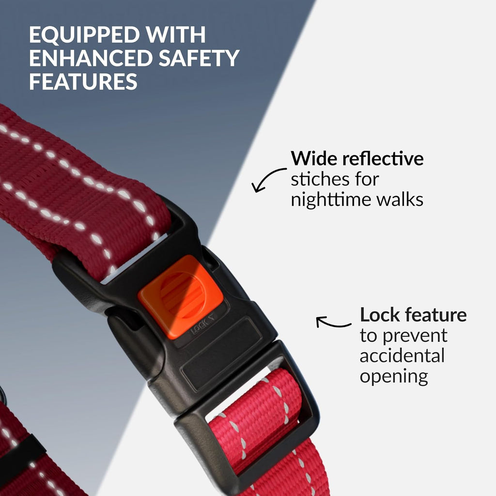 Heavy duty pink nylon strap with reflective stitching threads for low light visibility