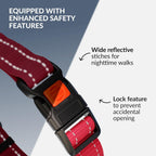 Heavy duty pink nylon strap with reflective stitching threads for low light visibility
