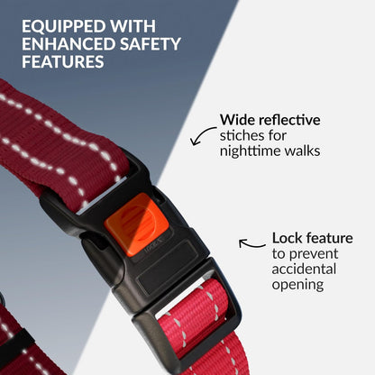 Heavy duty pink nylon strap with reflective stitching threads for low light visibility