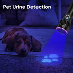 Luxnovaq rechargeable black light torch highlighting the power button with integrated battery indicator.