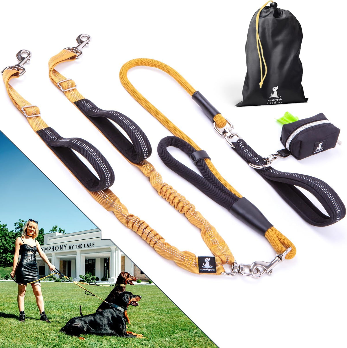 SparklyPets Double Dog Leash for 2 Dogs - Rope Bungee Dual Leash for Medium and Large Breeds with Padded Handles & Tangle Free (Black, Medium/Large) - Image 13