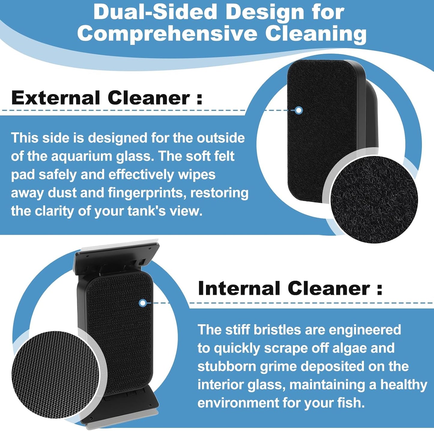 Fishkeeper imported fish tank glass cleaner showing soft felt exterior pad