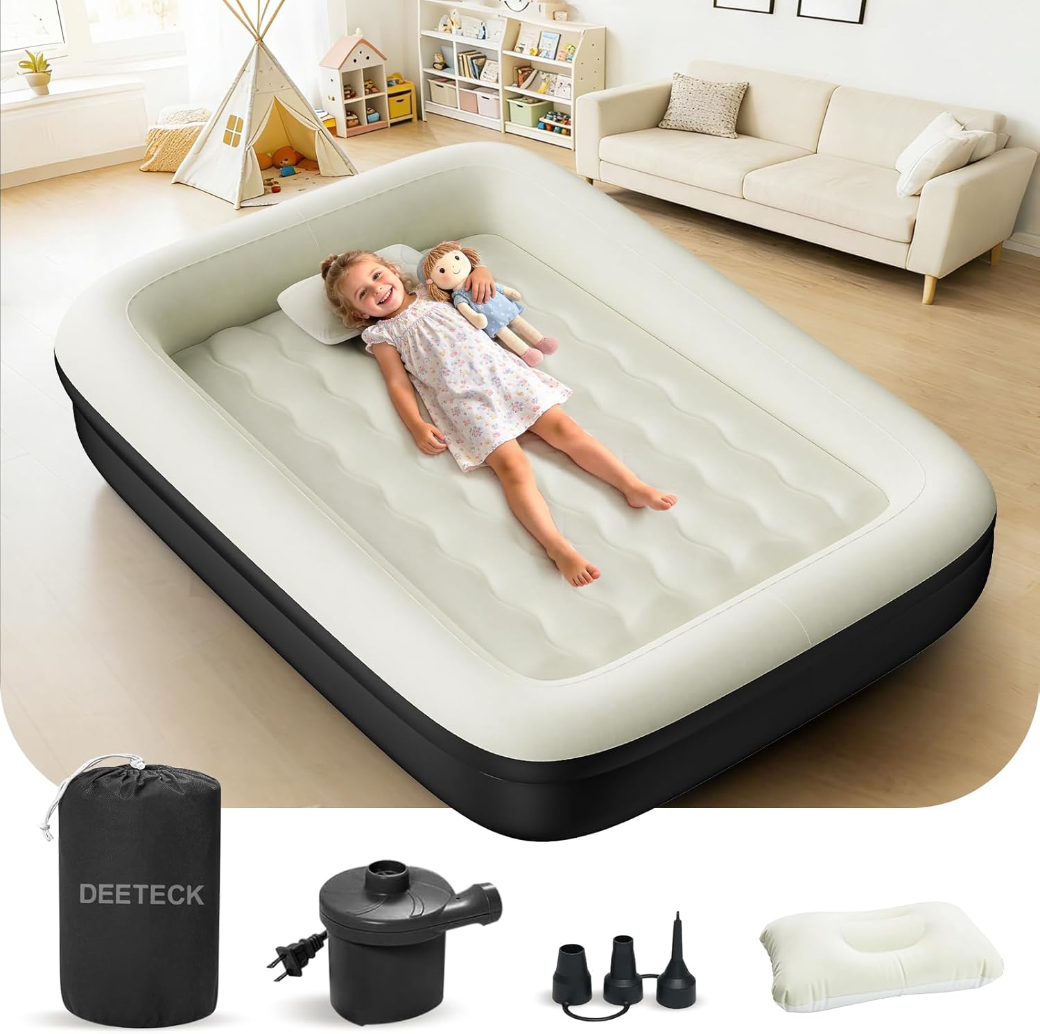 Deeteck inflatable toddler travel bed front view showing raised safety sides and integrated pillow.