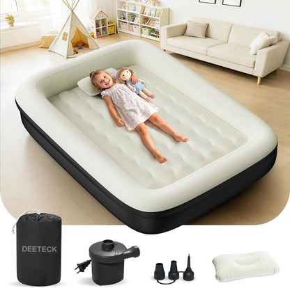 Deeteck inflatable toddler travel bed front view showing raised safety sides and integrated pillow.