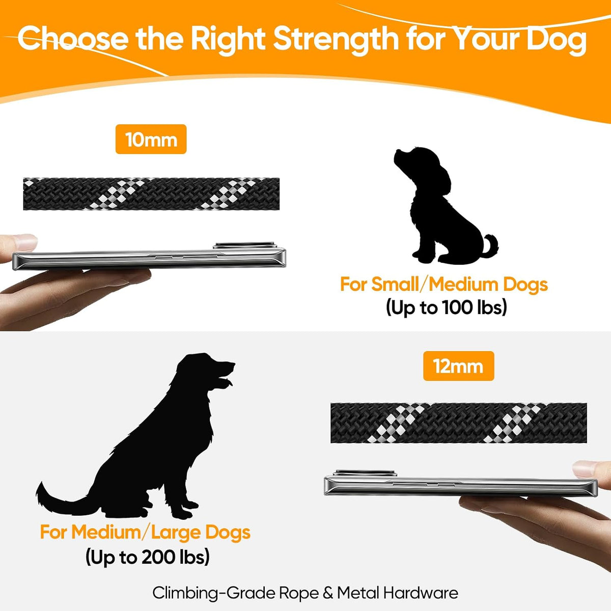 Black double dog walking rope with metal rotating connector mechanism.