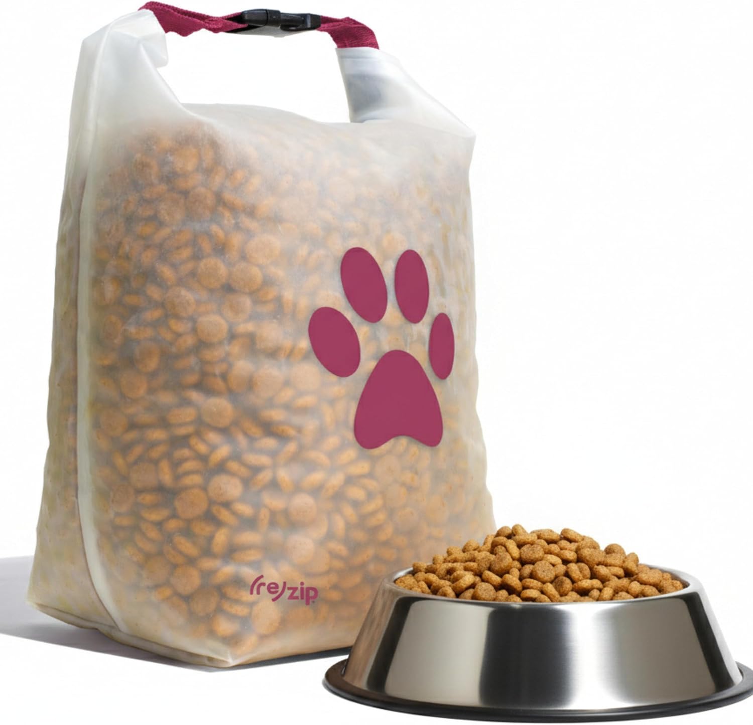 Lifestyle shot of Rezip pet food bag in a backpack