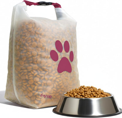 Lifestyle shot of Rezip pet food bag in a backpack