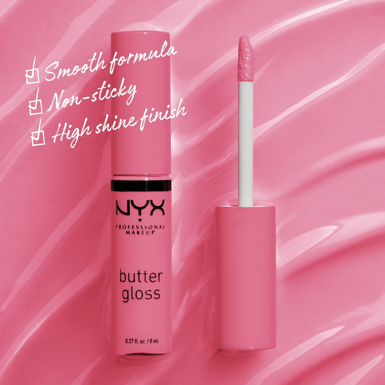 Non-sticky lip gloss tube in the mauve shade Vanilla Cream Pie showing the wand applicator.