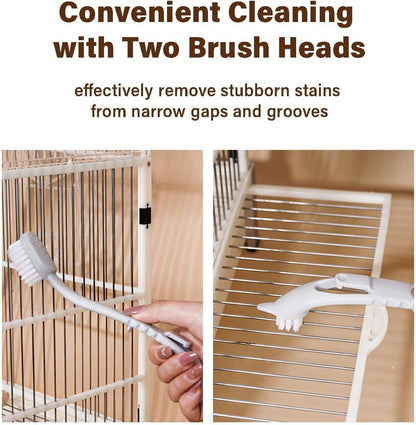 MANON ROSA avian habitat brush tool being used to clean wooden bird perches and corners