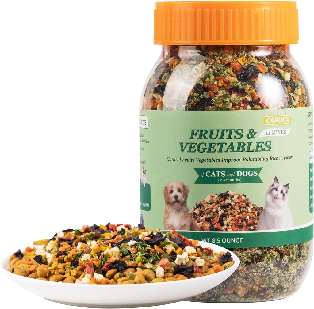 Capuca twelve in one fruit and vegetable pet food topper front view container