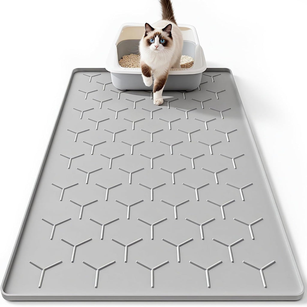 Bulkniu silicone cat litter mat front view showcasing the large grey protective floor mat for pet homes.