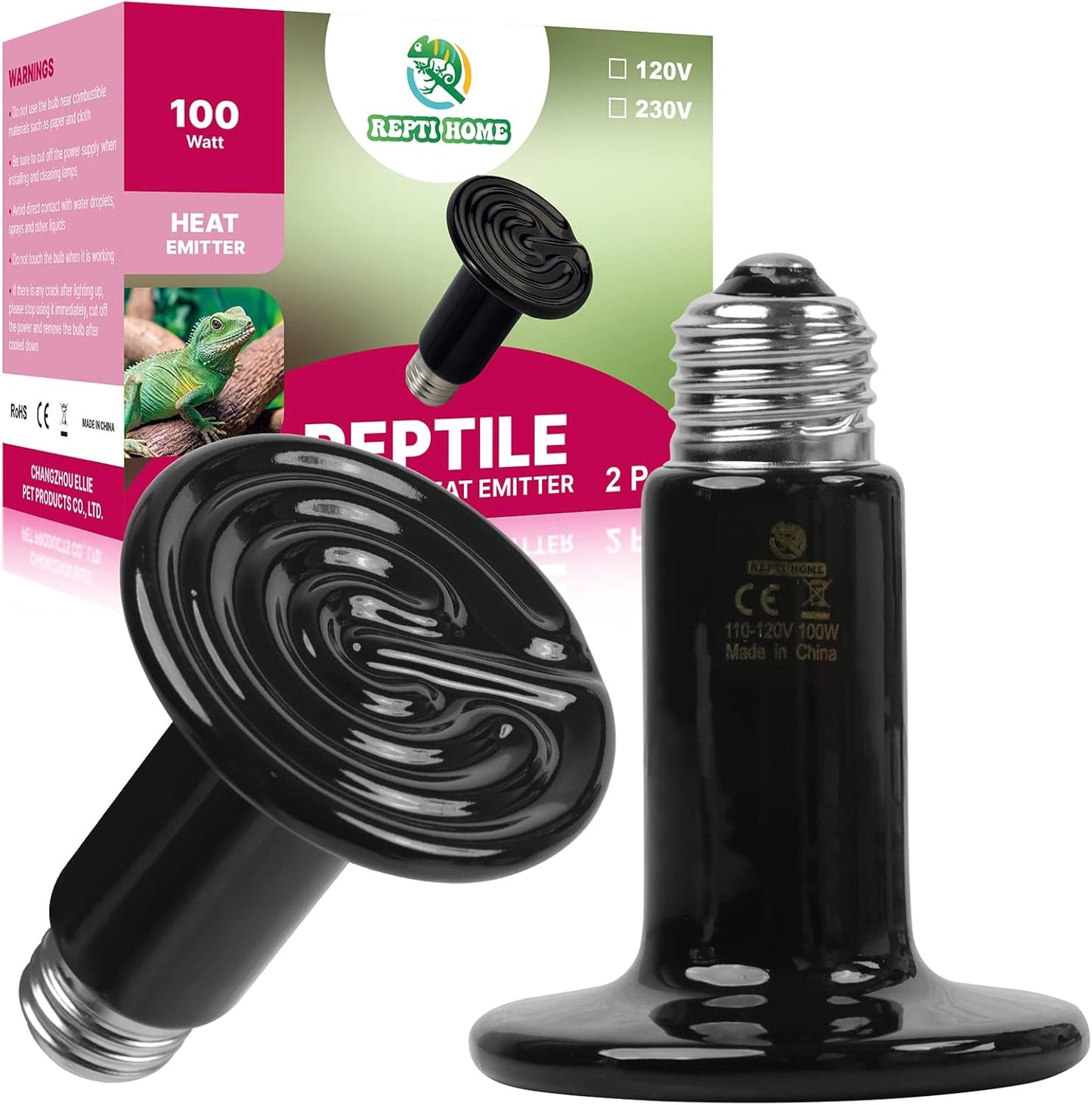 REPTI HOME 100W Ceramic Heat Emitter Pack of 2 front view showing black non light emitting reptile heater bulb