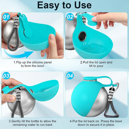HJKLIUT puppy travel flask with integrated carry rope being held during an outdoor walk.