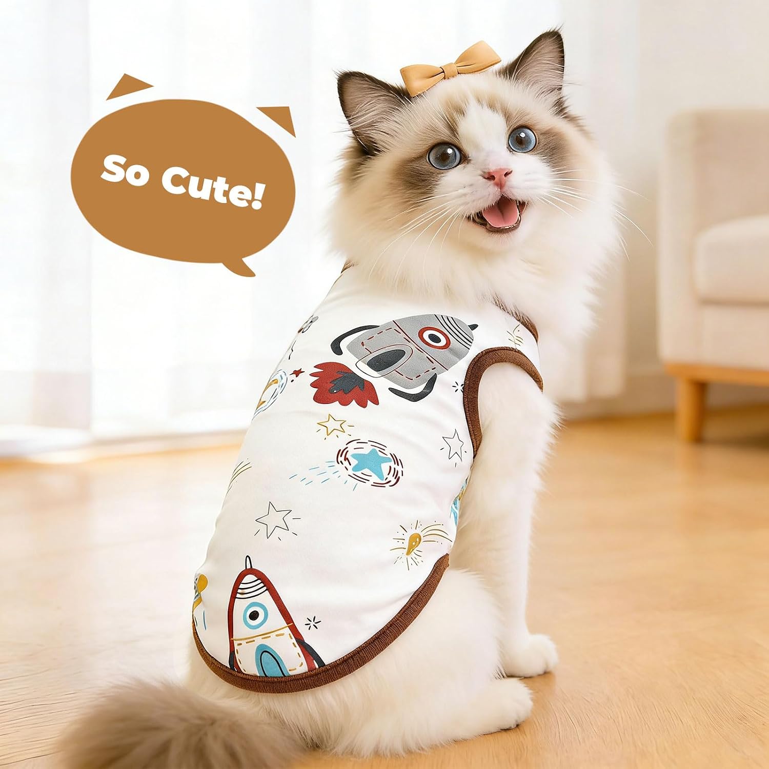 Close up of spaceship print on Petcare cat apparel