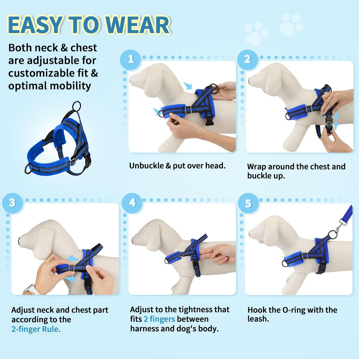 Lukovee No Pull Dog Harness and Leash Set, Soft Padded Small Dog Harness, Neck & Chest Adjustable Reflective Vest Puppy Harness with 4ft Lightweight Anti-Twist Dog Leash for Small Dogs (XS, Blue) - Image 9