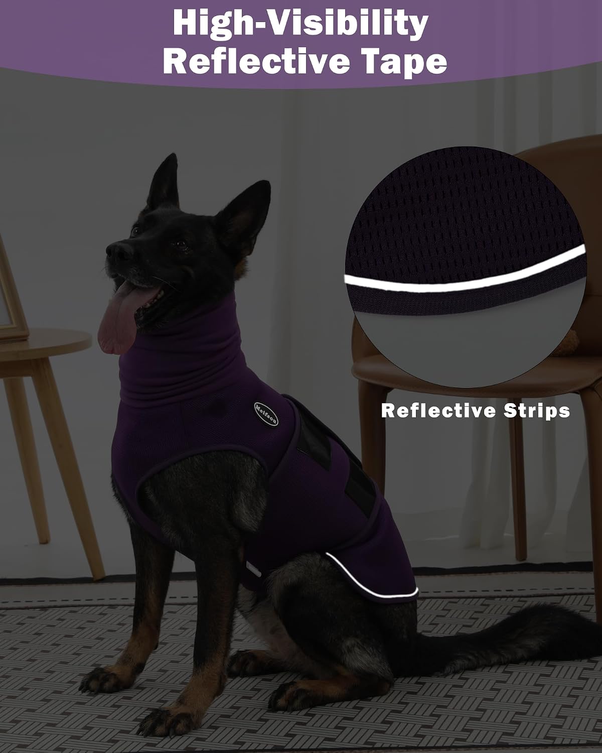 Small dog feeling calm wearing Meifsou hooded anxiety vest