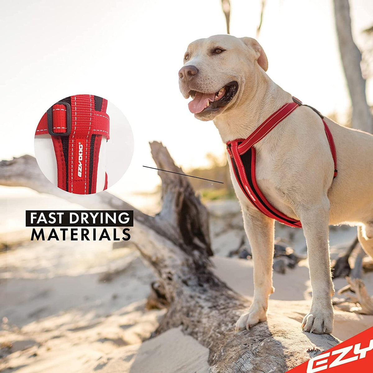 EzyDog large black dog harness side profile with adjustable straps.