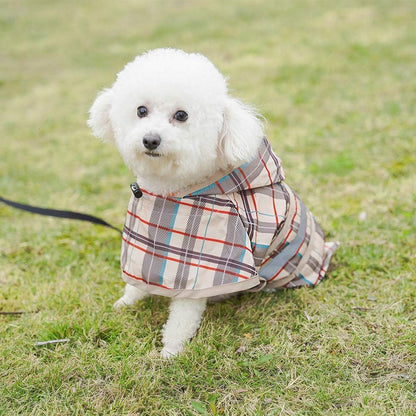 Breathable puppy raincoat with elastic buckle hood adjustment close up