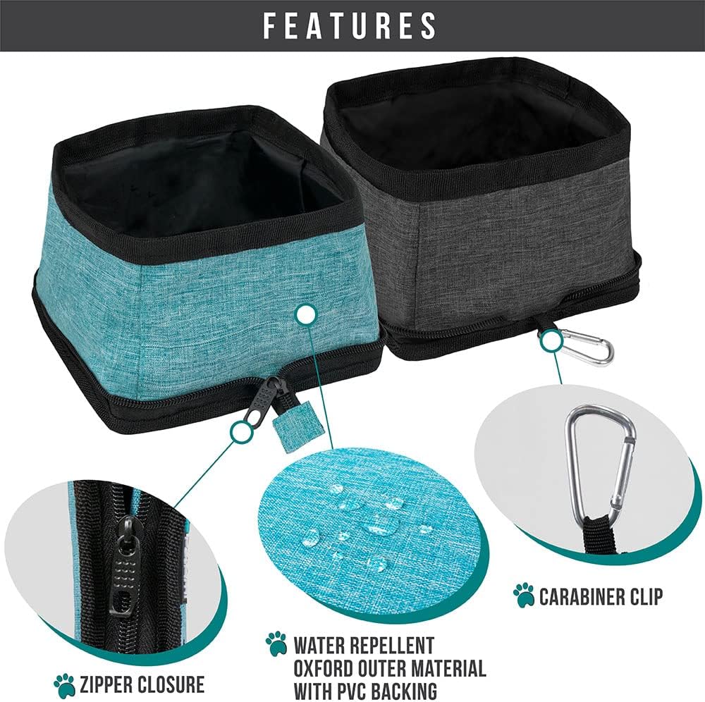 PetAmi travel dog bowls blue color attached to a backpack using a carabiner clip.