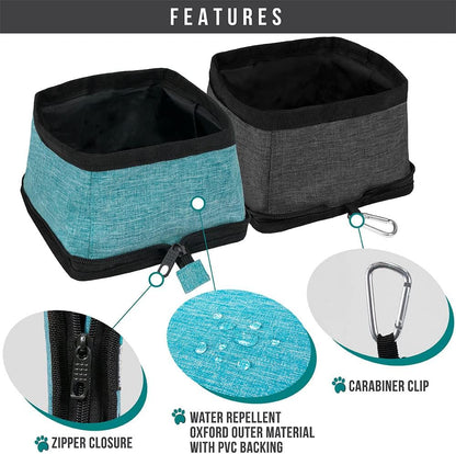 PetAmi travel dog bowls blue color attached to a backpack using a carabiner clip.
