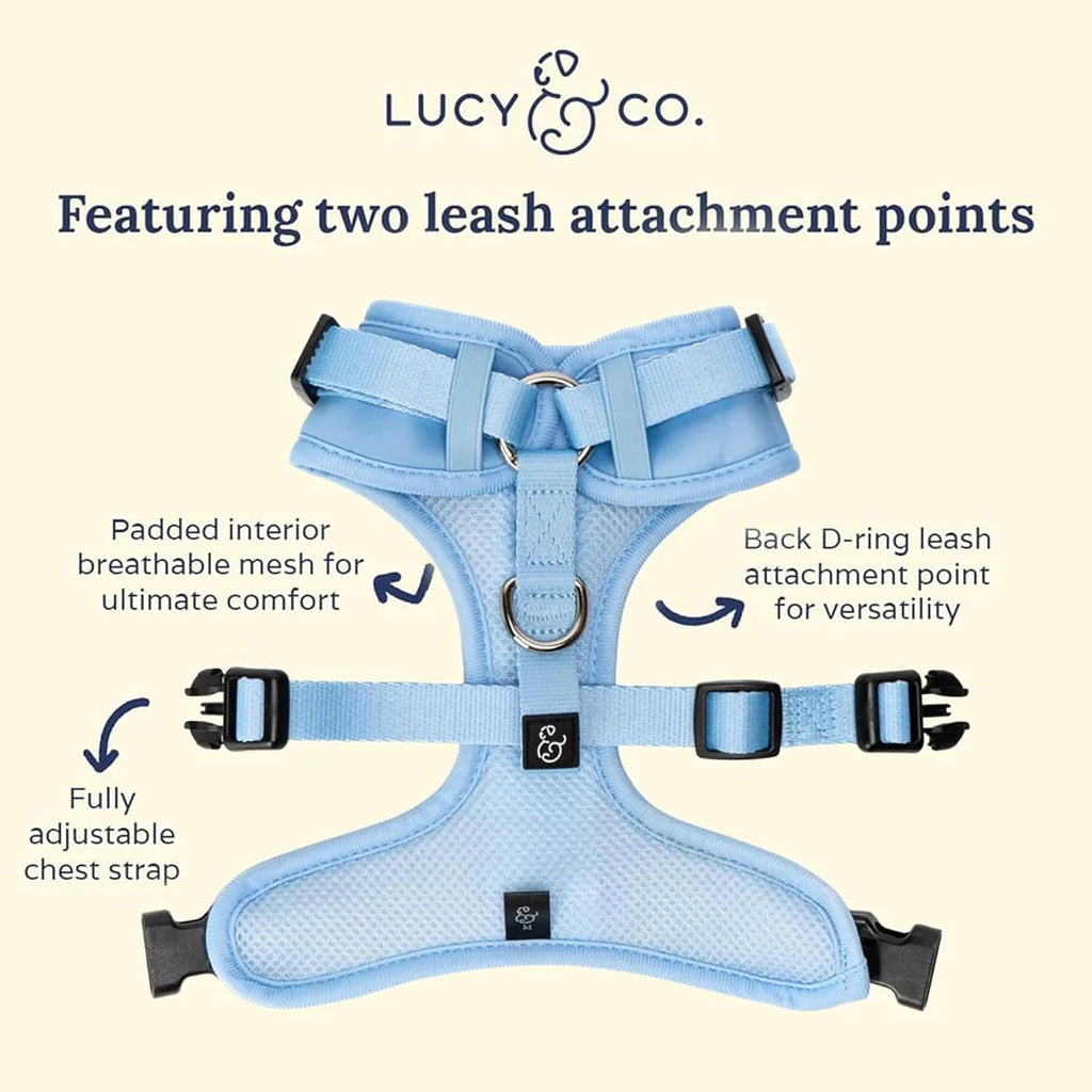 Side profile of Lucy And Co. blue denim dog harness