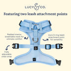 Side profile of Lucy And Co. blue denim dog harness