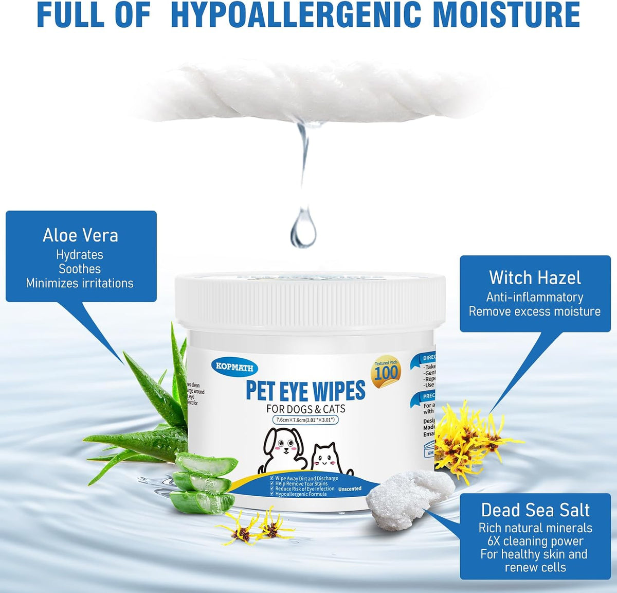 Natural pet eye grooming wipes with aloe vera and witch hazel
