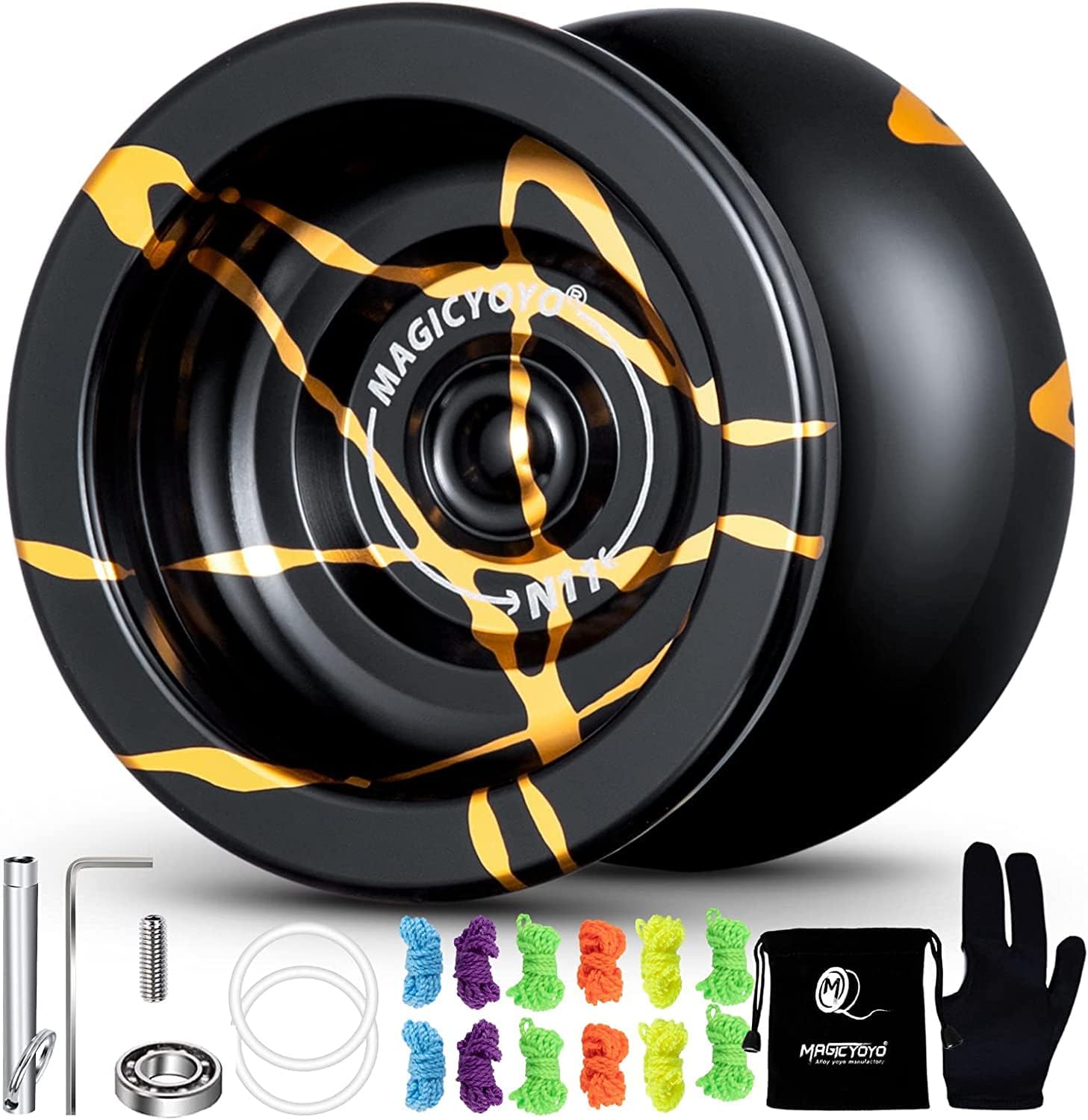 MAGICYOYO N11 professional unresponsive yoyo front view showing black and gold aluminum alloy finish