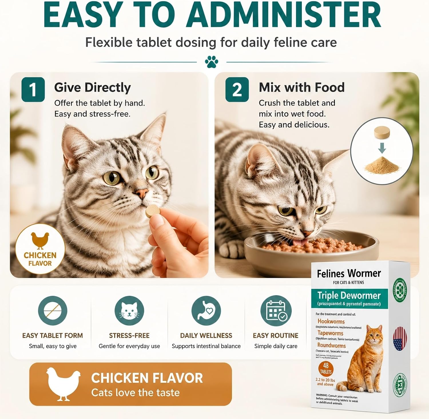 Feline deworming treatment designed for the removal of tapeworms, roundworms, and hookworms