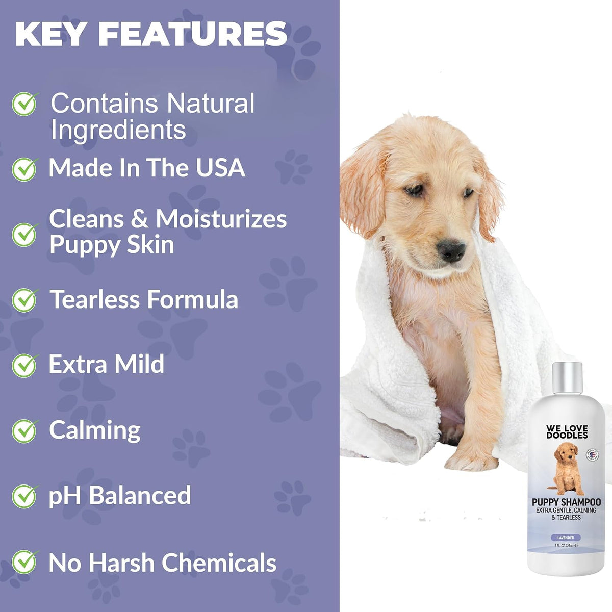 Calm lavender essential oil infused pet grooming shampoo close up view.