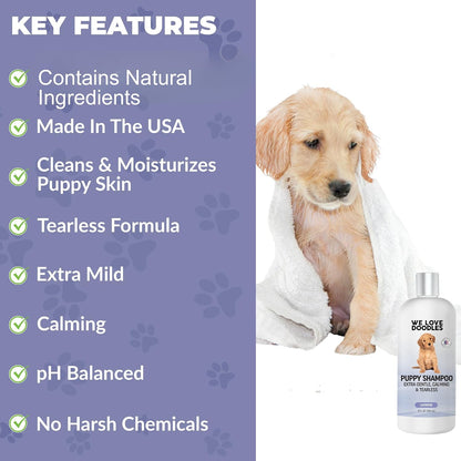Calm lavender essential oil infused pet grooming shampoo close up view.