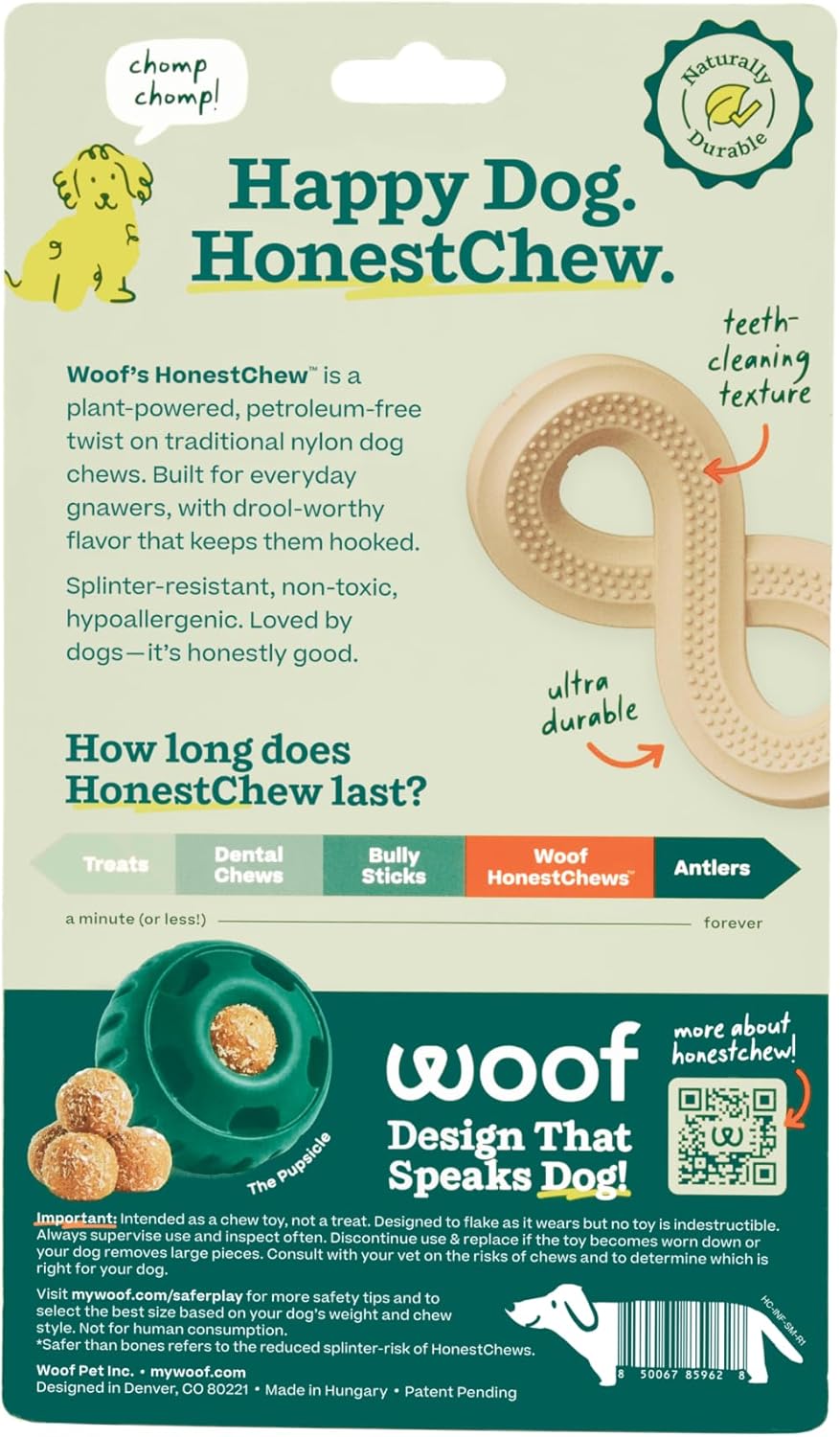 Small dog chewing on Woof HonestChew Infinity toy