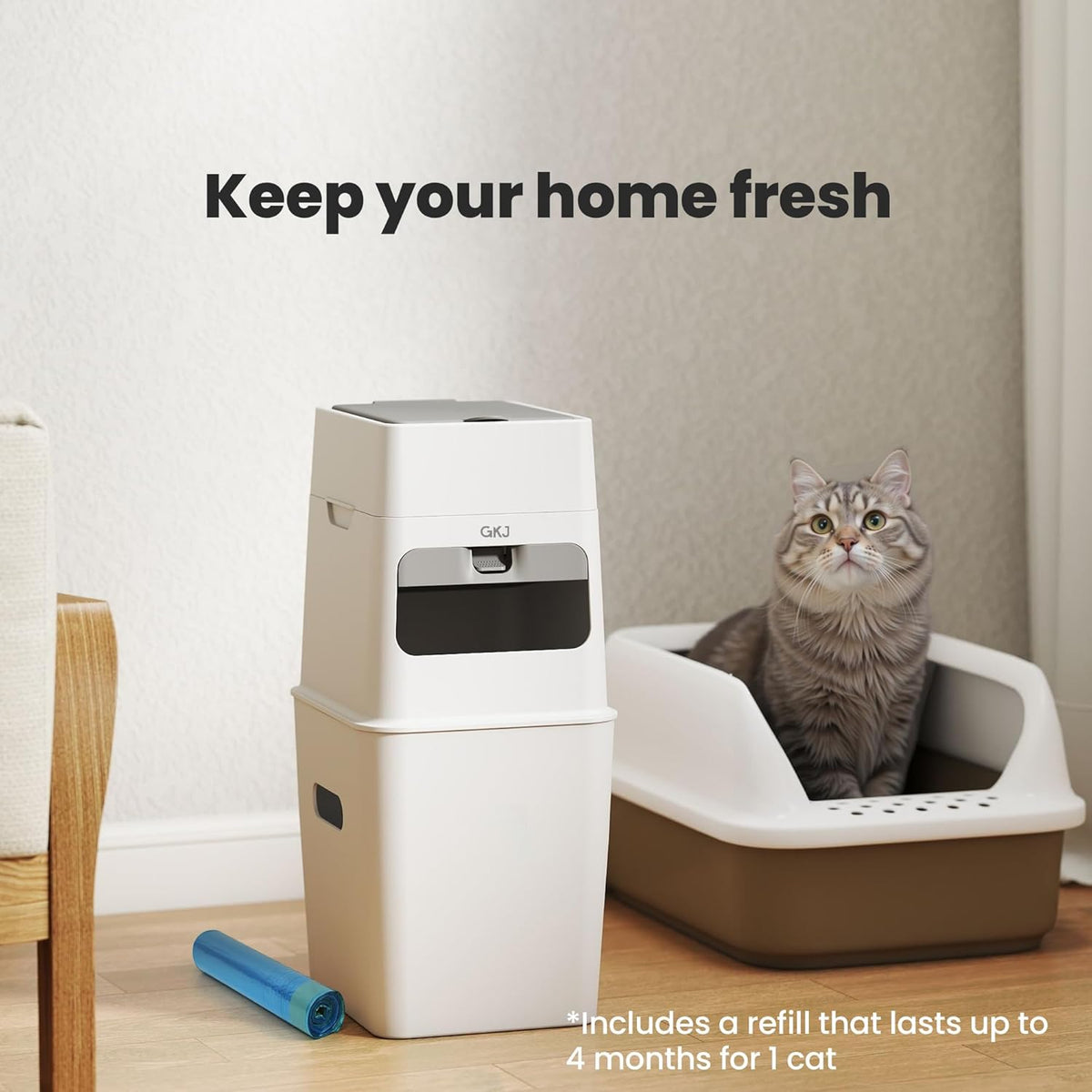 White GKJ cat litter trash can in modern home setting