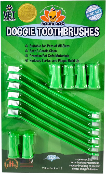 Demonstration of using the dual ended toothbrush for dog teeth cleaning.