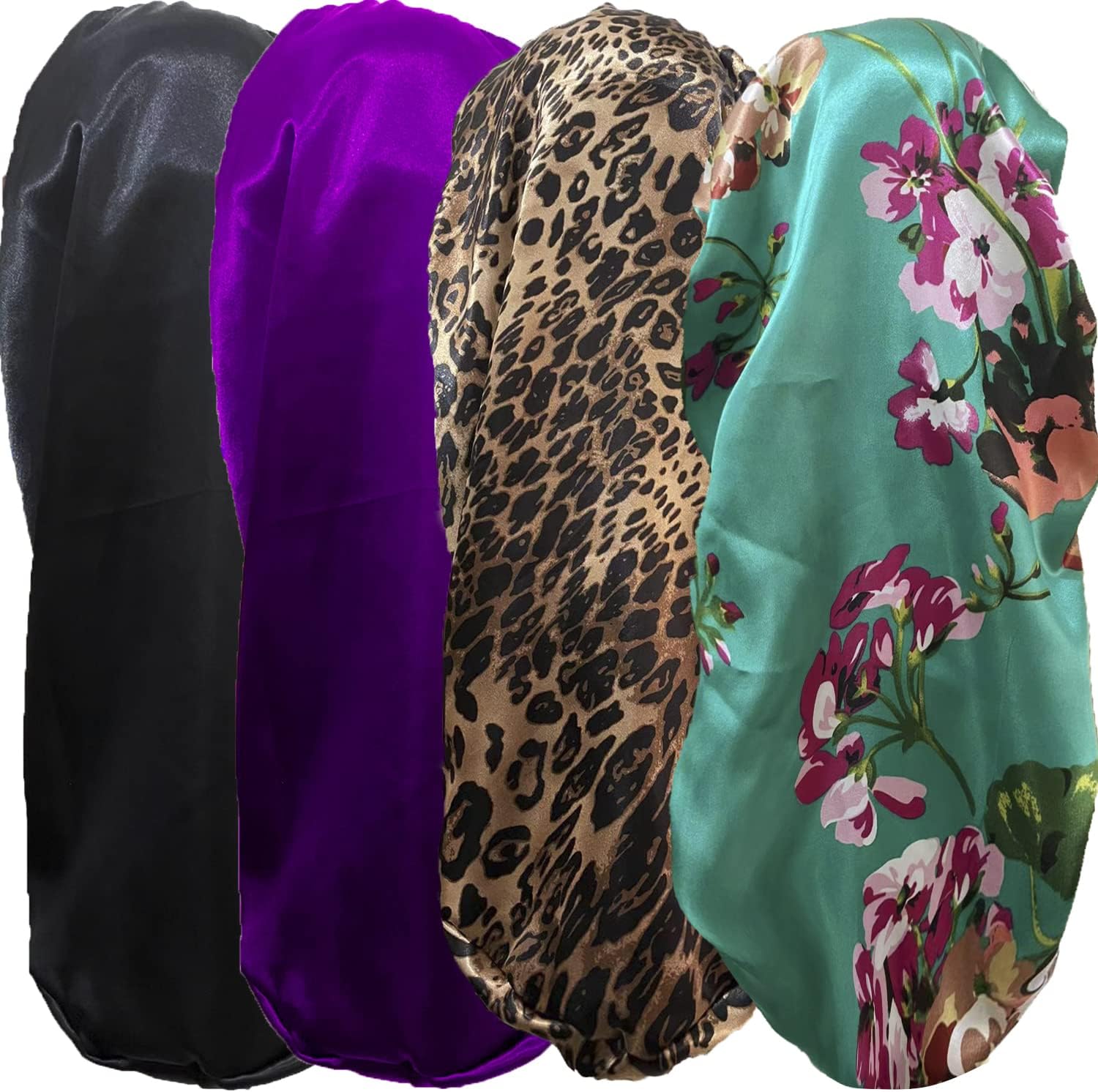 Wzl Wlg 4 Piece Satin Bonnet set showcasing front view of multiple colorful sleep caps for women.