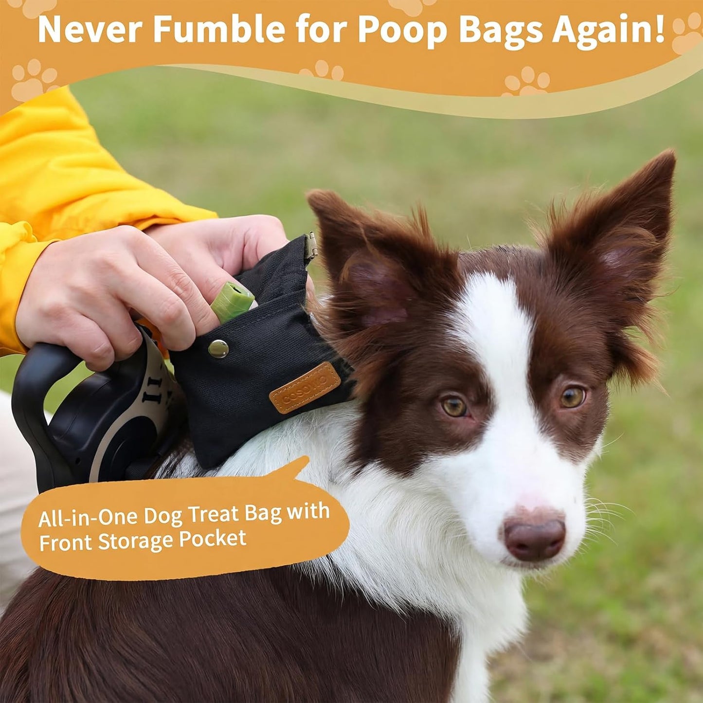 Cosowo puppy travel snack pouch showing the convenient front pocket with stored poop bags