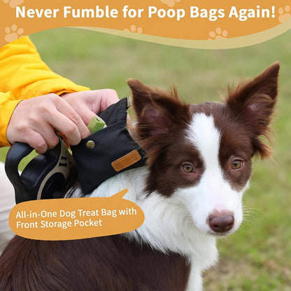 Cosowo puppy travel snack pouch showing the convenient front pocket with stored poop bags