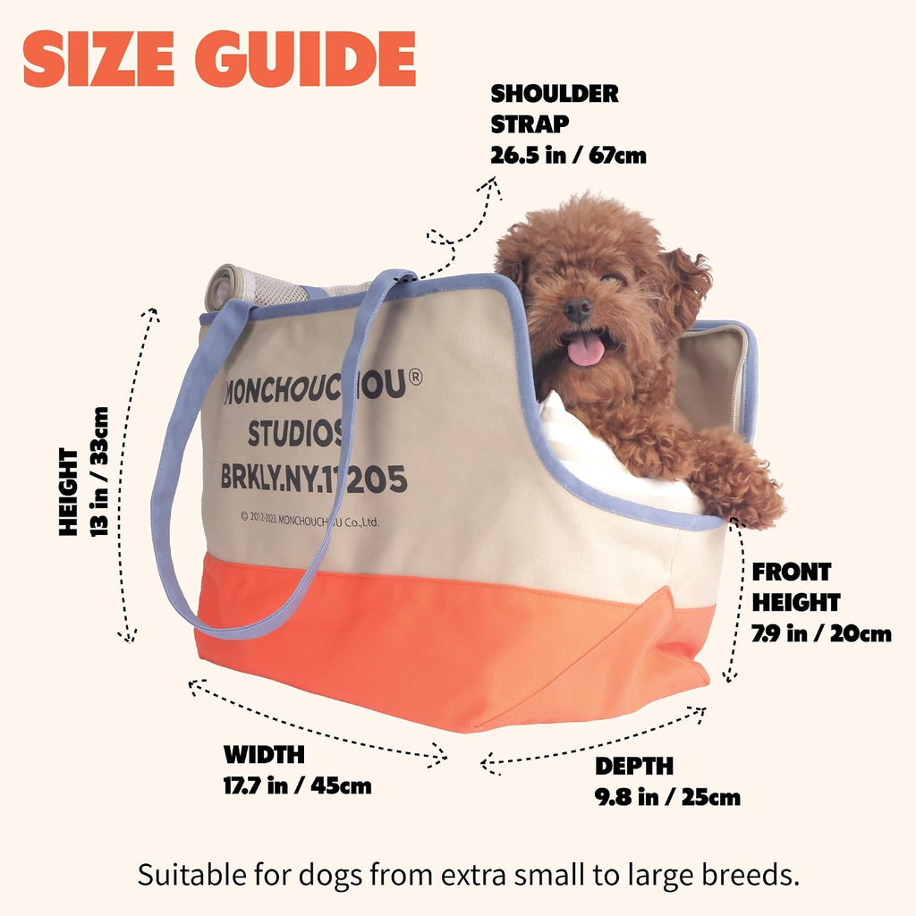 Small dog resting comfortably inside Monchouchou canvas carrier